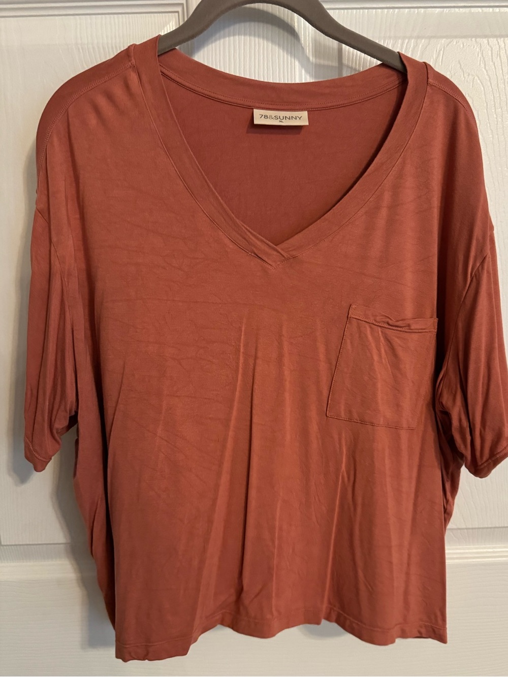 78&Sunny Rust V-Neck Pocket Tee XL Oversized Boxy Drop Shoulder Top